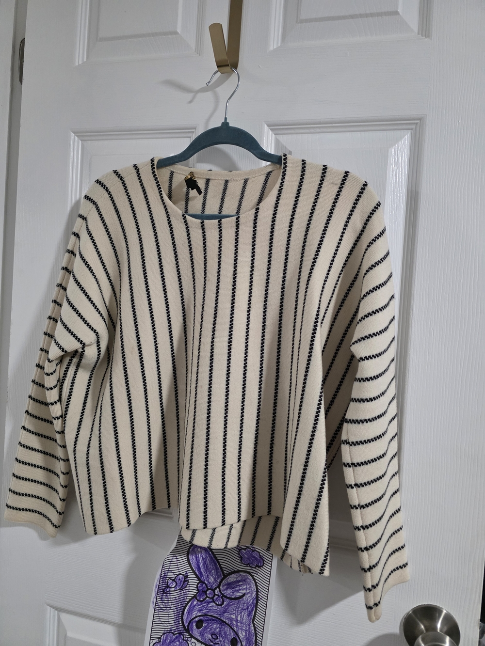 Maje Cream and Navy Striped Crewneck Sweater